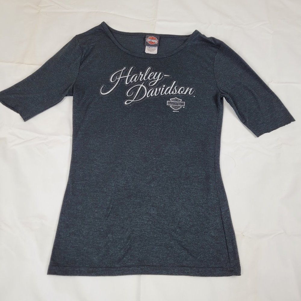 HARLEY-DAVIDSON T-Shirt Womens Sz Small (WITH CUT SLEEVES!) Black Green Glittery